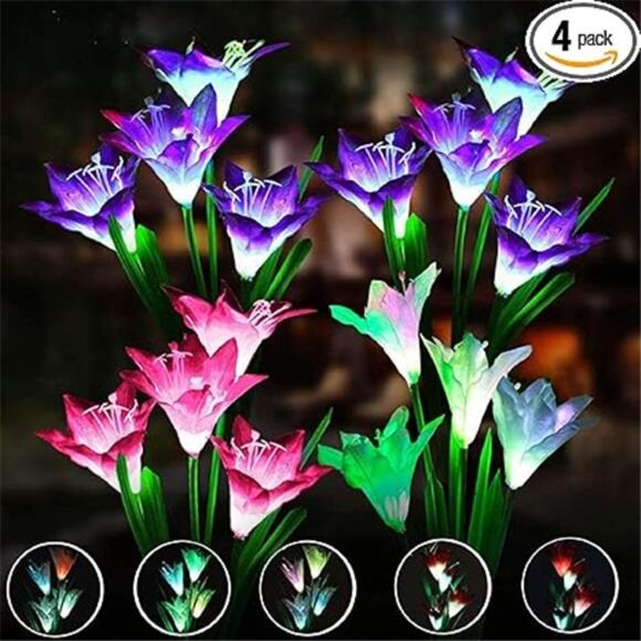 4 Pack Solar Flowers Lights,16 Bigger Head Solar Lily Flowers, 7 Color Changing - Picture 7 of 7